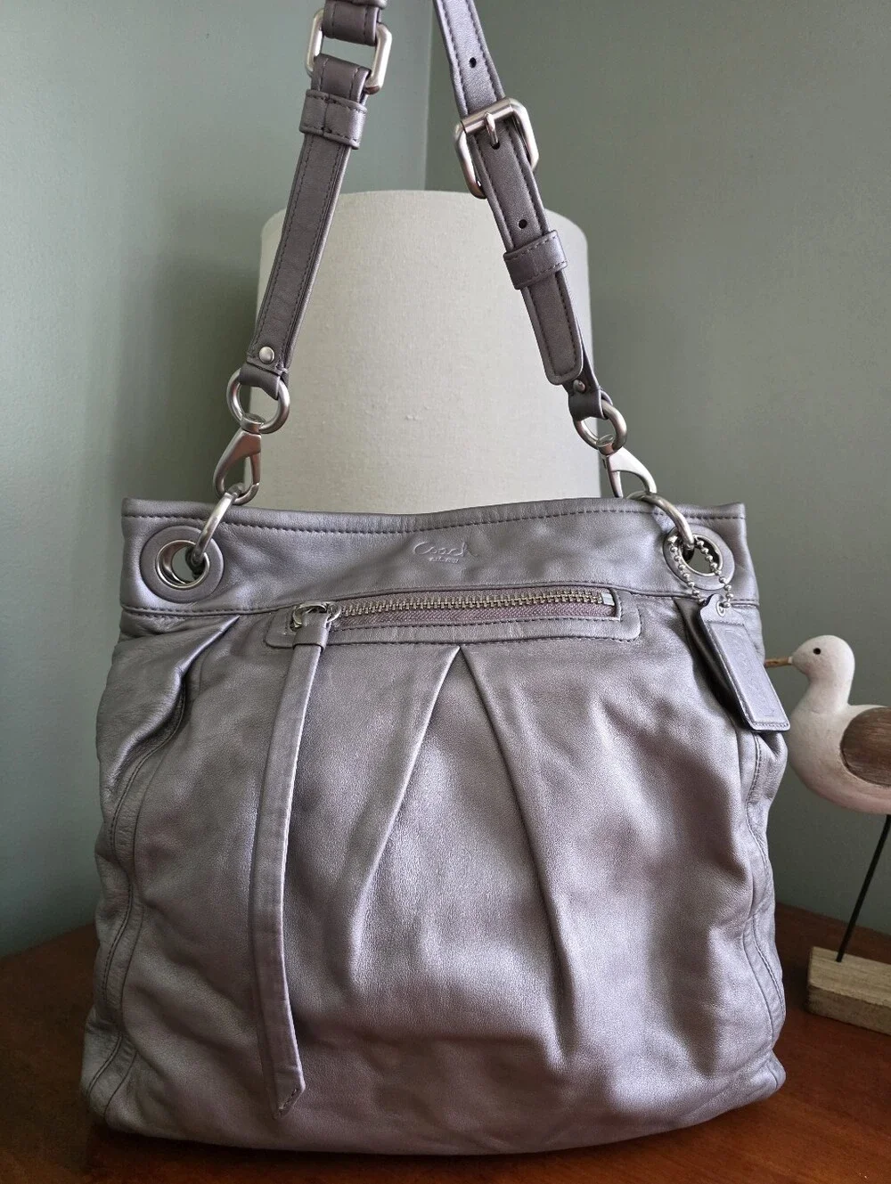 Coach F13411 Parker Shoulder Bag Metallic Silver Leather Hobo Purse Y2K